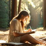 **A serene woman journaling outdoors, sunlight filtering through the trees, symbolizing self-compassion and reflection. Soft, warm color palette.**