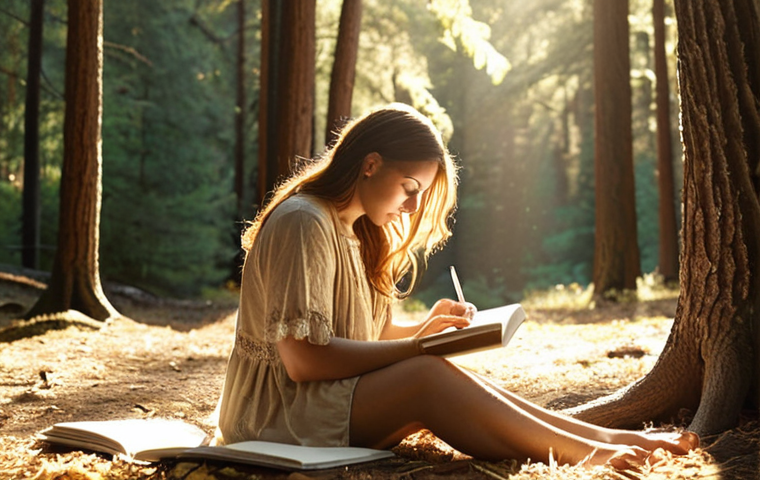 **A serene woman journaling outdoors, sunlight filtering through the trees, symbolizing self-compassion and reflection. Soft, warm color palette.**