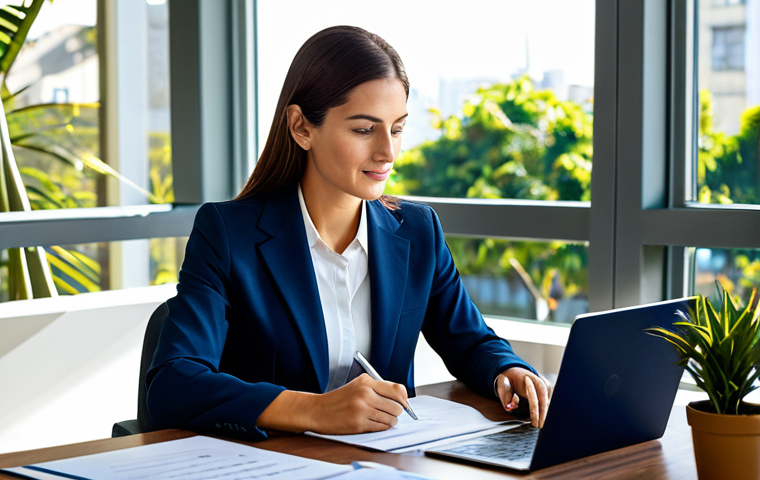 자서전적 치료법을 통한 트라우마 치유 - Successful Businesswoman**
"A professional businesswoman in a modest business suit, sitting at a de...