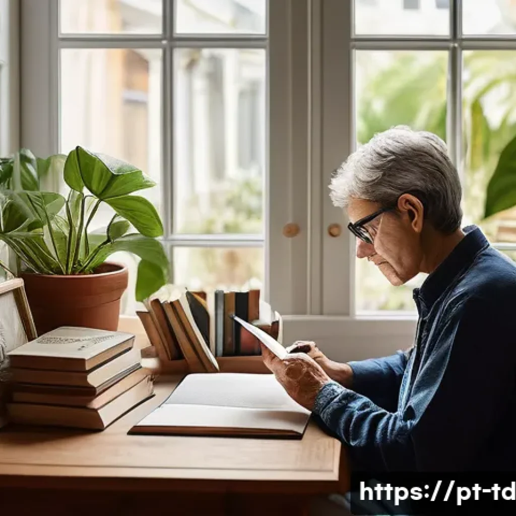 자서전적 치료법의 다양한 세부 기법들 - A serene and warm scene of a middle-aged person sitting comfortably in a cozy home office filled wit...