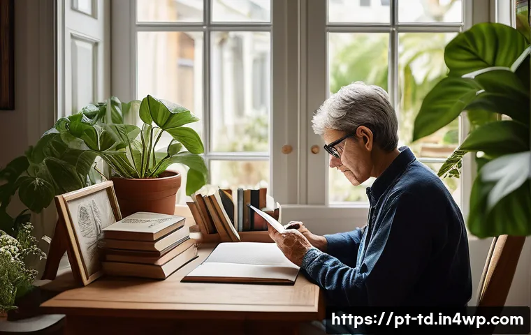 자서전적 치료법의 다양한 세부 기법들 - A serene and warm scene of a middle-aged person sitting comfortably in a cozy home office filled wit...