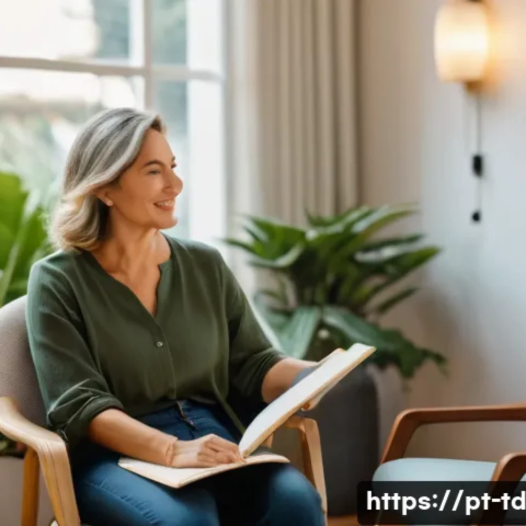 자서전적 치료법의 이론적 기반 - A serene therapy session scene in a modern Brazilian counseling office, featuring a diverse adult wo...