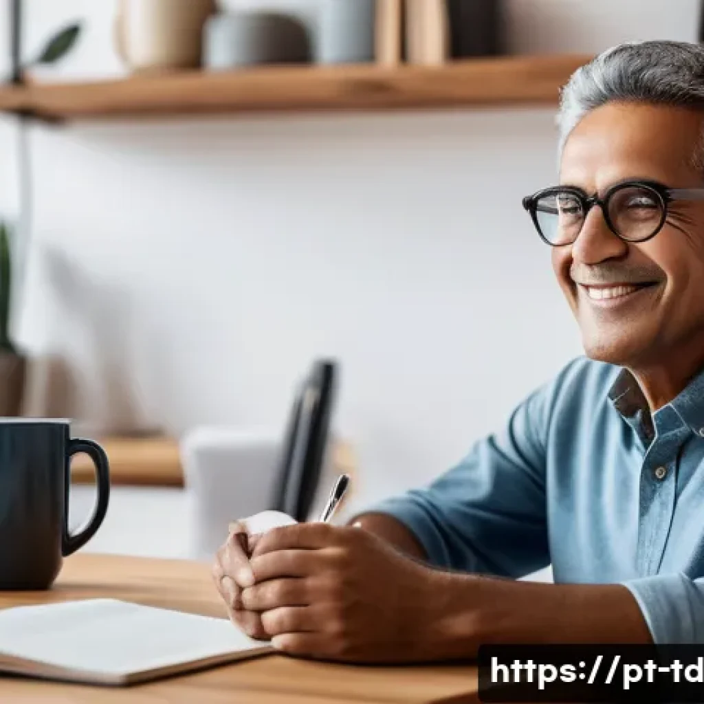 자서전적 치료법의 비전 훈련 방법 - A serene and cozy home office setting with a middle-aged Brazilian man sitting comfortably in a soft...