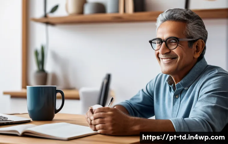 자서전적 치료법의 비전 훈련 방법 - A serene and cozy home office setting with a middle-aged Brazilian man sitting comfortably in a soft...