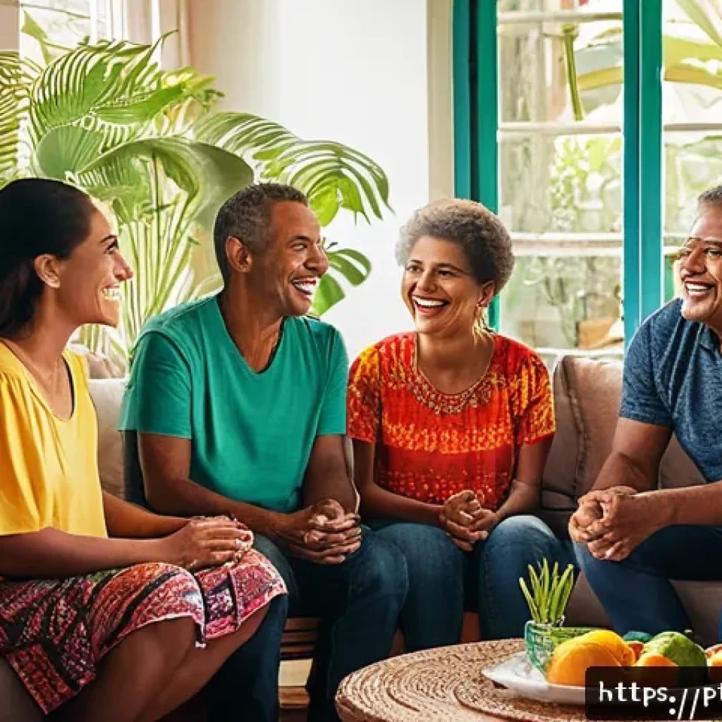 자서전적 치료법의 사회적 지지 시스템 - A warm, intimate scene of a diverse group of Brazilian adults sitting in a cozy living room, engaged...