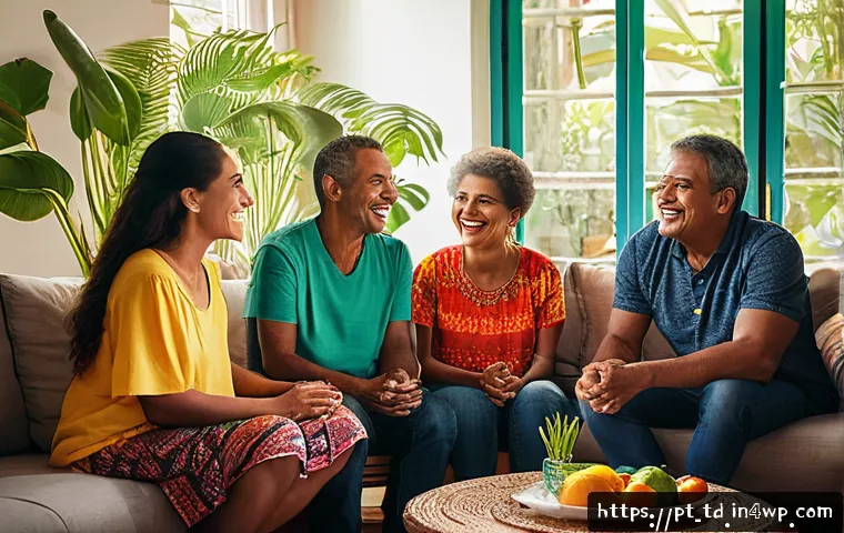 자서전적 치료법의 사회적 지지 시스템 - A warm, intimate scene of a diverse group of Brazilian adults sitting in a cozy living room, engaged...