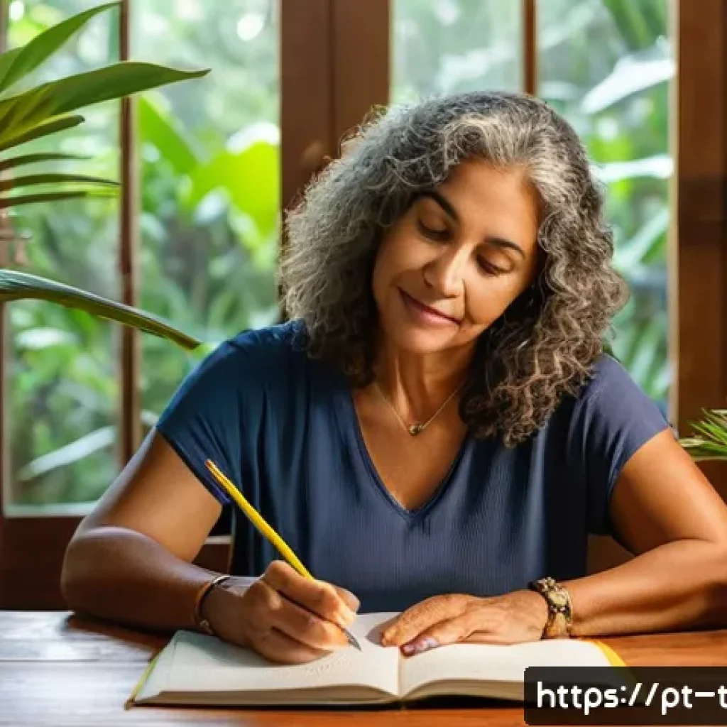 자서전적 치료법의 심리적 기초 이해하기 - A serene home office scene featuring a middle-aged Brazilian woman sitting at a wooden desk by a lar...