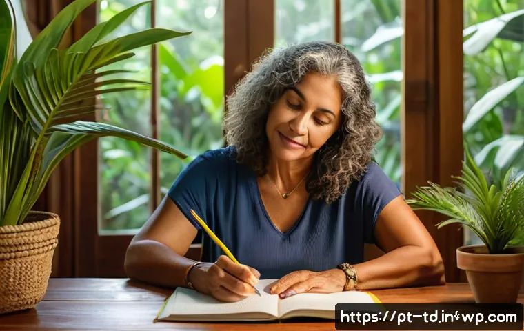 자서전적 치료법의 심리적 기초 이해하기 - A serene home office scene featuring a middle-aged Brazilian woman sitting at a wooden desk by a lar...