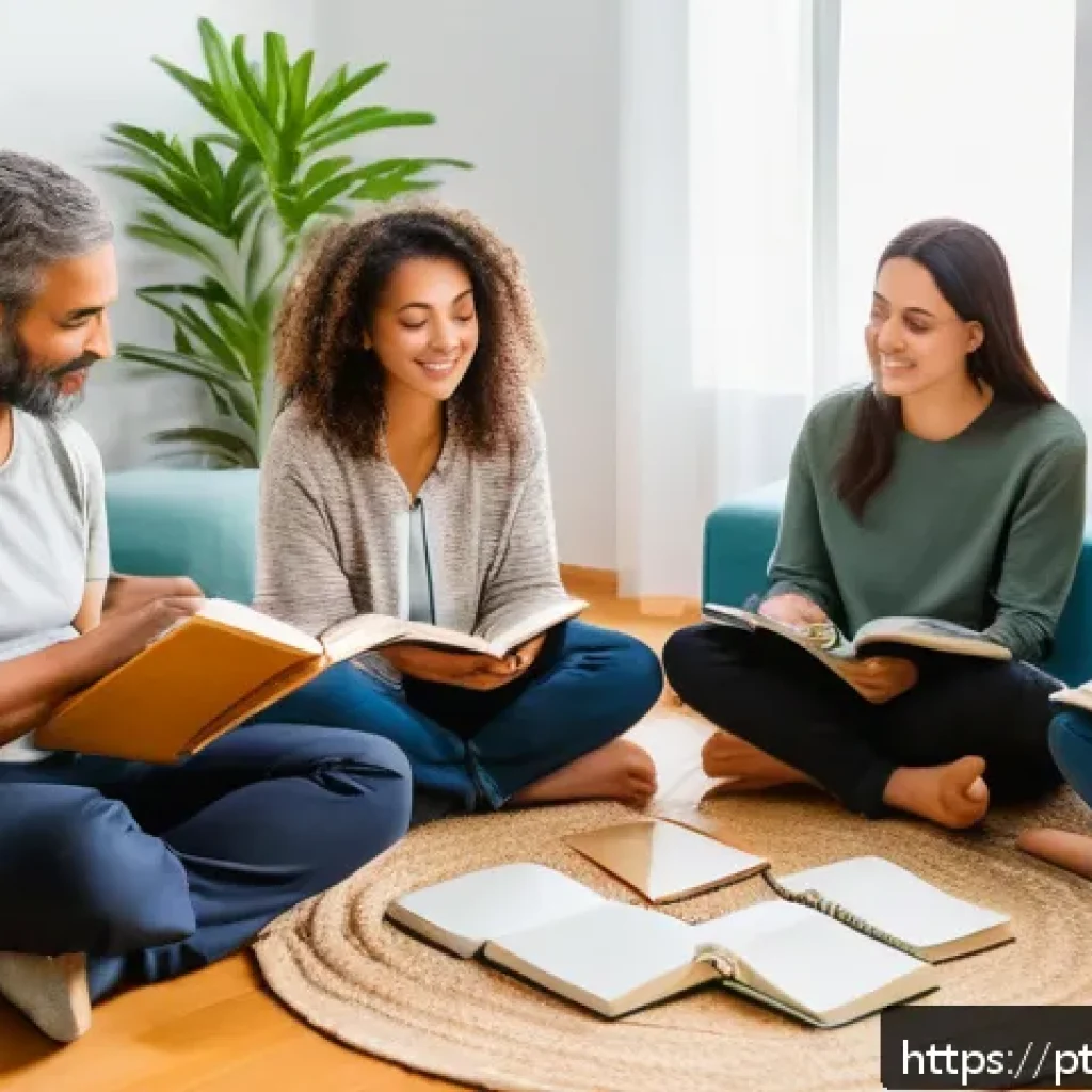 자서전적 치료법과 건강한 대인관계 구축 - A serene and warm indoor scene showing a diverse group of adults sitting in a cozy circle during a t...