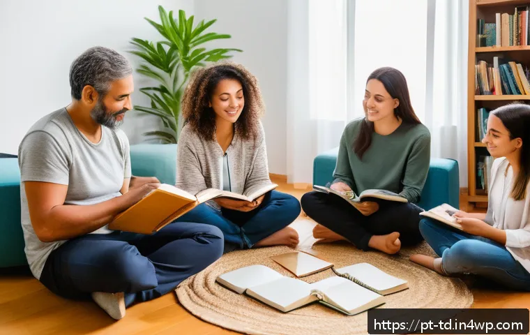 자서전적 치료법과 건강한 대인관계 구축 - A serene and warm indoor scene showing a diverse group of adults sitting in a cozy circle during a t...