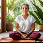 Home 18 자서전적 치료법의 마인드풀니스 활용 - A serene middle-aged Brazilian woman practicing mindfulness meditation in a cozy, softly lit living ...