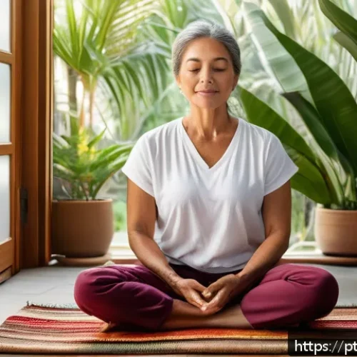 Home 30 자서전적 치료법의 마인드풀니스 활용 - A serene middle-aged Brazilian woman practicing mindfulness meditation in a cozy, softly lit living ...