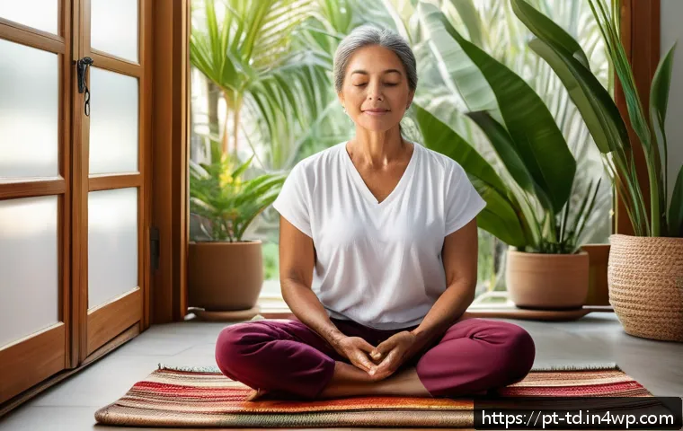 자서전적 치료법의 마인드풀니스 활용 - A serene middle-aged Brazilian woman practicing mindfulness meditation in a cozy, softly lit living ...