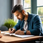 Home 23 자서전적 치료법의 단계별 접근법 - A serene, cozy home office setting with a person in their mid-30s, wearing comfortable casual clothe...