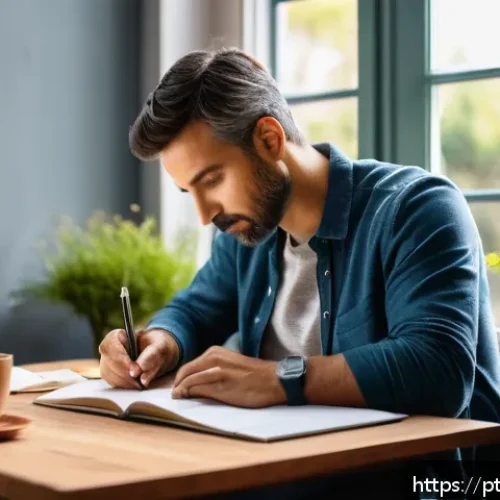 Home 17 자서전적 치료법의 단계별 접근법 - A serene, cozy home office setting with a person in their mid-30s, wearing comfortable casual clothe...