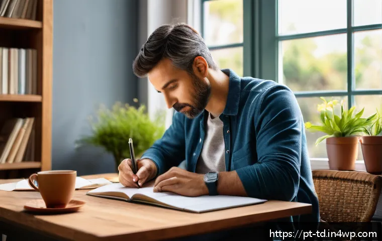 자서전적 치료법의 단계별 접근법 - A serene, cozy home office setting with a person in their mid-30s, wearing comfortable casual clothe...