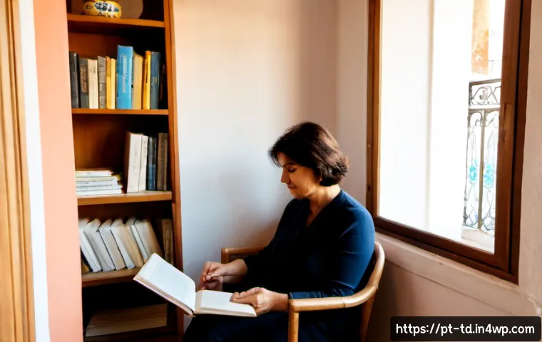Home 17 자서전적 치료법을 위한 저자 추천 도서 - Photorealistic cozy Lisbon apartment reading corner, a middle-aged Portuguese woman thoughtfully sel...